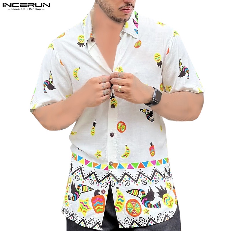 Áo sơ mi INCERUN tay ngắn cài nút họa tiết thổ cẩm vintage cổ điển dành cho nam