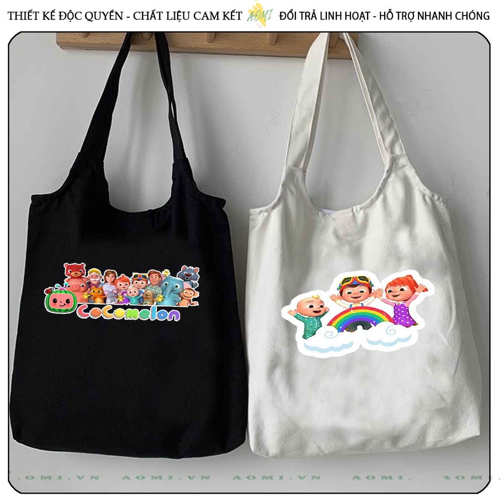 TOTE CANVAS COCOMELON FORM TRÒN TÚI VẢI ĐEO VAI BAG NÚT BẤM SIZE LỚN AOMIVN DU LỊCH DẠO PHỐ CÁ TÍNH