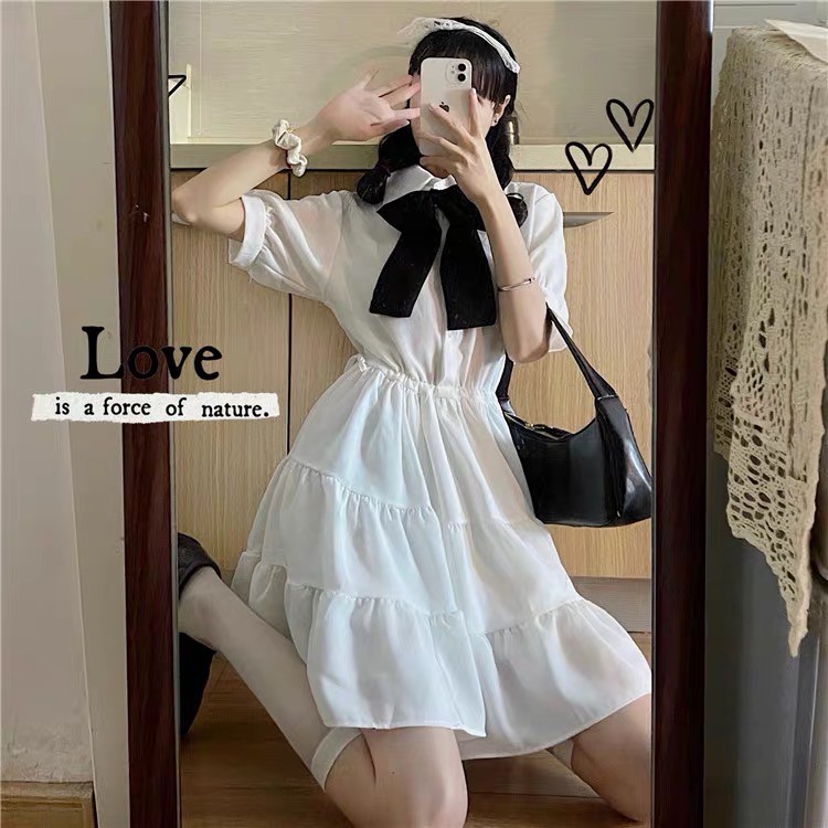 Váy  babydoll cổ nơ tay phồng dự tiệc, váy đầm dáng xoè phong cách ulzzang V18 thời trang nữ emmei