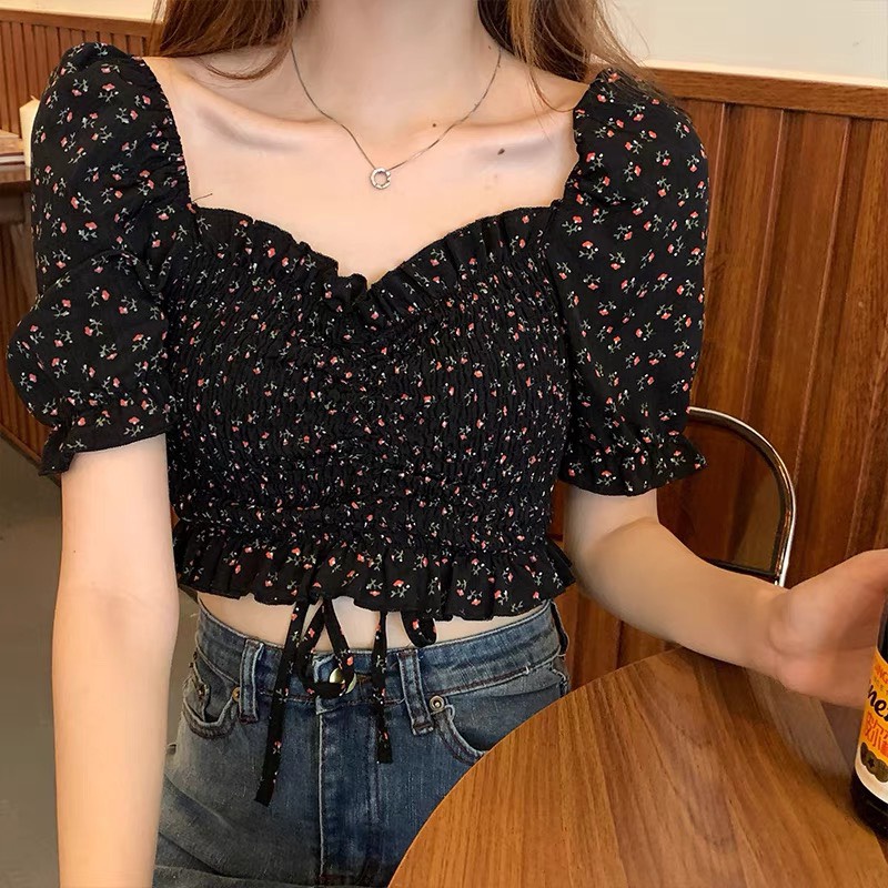 Áo croptop hoa rút dây ngực tay ngắn A5063
