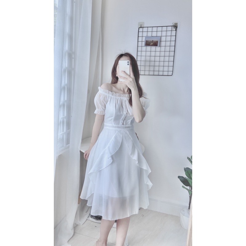 Váy trắng trễ vai chụp kỉ yếu - ăn cưới
