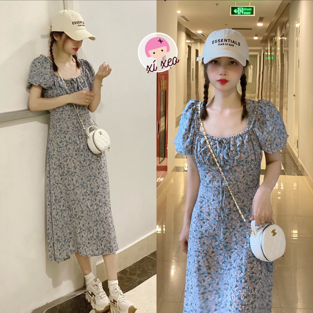 Váy hoa nhí tay bồng nơ lưng dây cổ, đầm hoa vintage dáng dài xoè tiểu thư xixeoshop - v154 - Hàng mới về