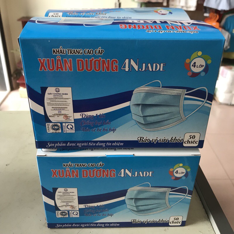 Khẩu trang y tế 4 lớp Xuân Dương ghi/xanh (quy cách đóng túi 50c)