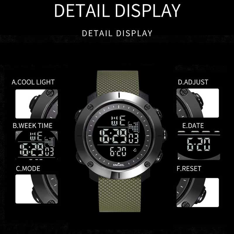 Đồng hồ thể thao nam thương hiệu SMAEL Đồng hồ LED kỹ thuật số Đồng hồ đeo tay nam Đồng hồ đeo tay màu đen Báo thức đếm ngược Đồng hồ dừng 1711