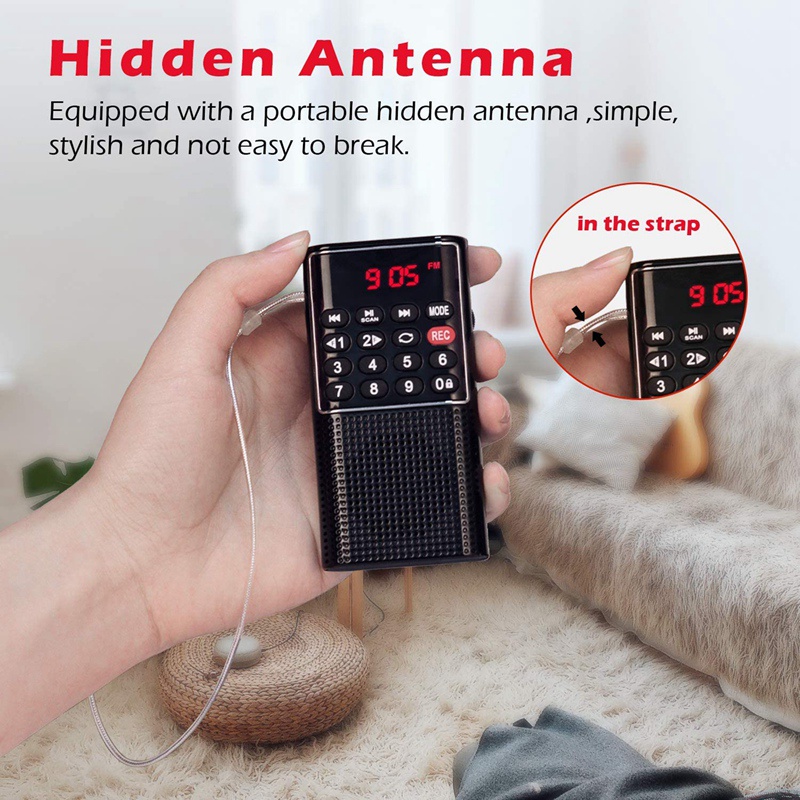 Đài radio Walkman FM bỏ túi sử dụng pin nhỏ gọn có thể ghi âm/phím khóa/phát thẻ SD sạc lại được