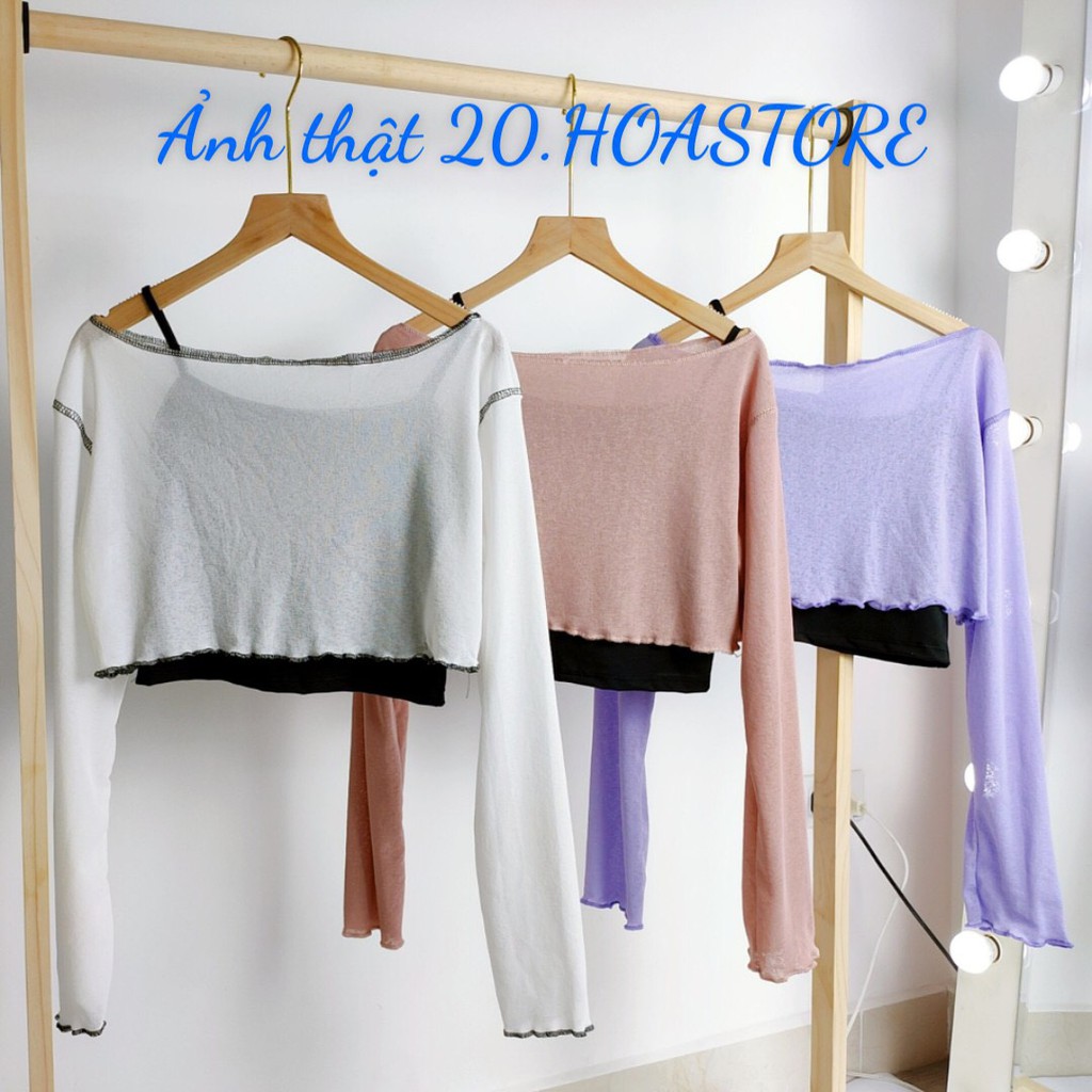 (HÀNG QC) SET ÁO LEN GIẤY TRỄ VAI VIỀN BÈO TÍM HỒNG TRẮNG MIX ÁO HAI DÂY ĐEN - SET CROPTOP LEN DÀI TAY 3 MÀU | BigBuy360 - bigbuy360.vn
