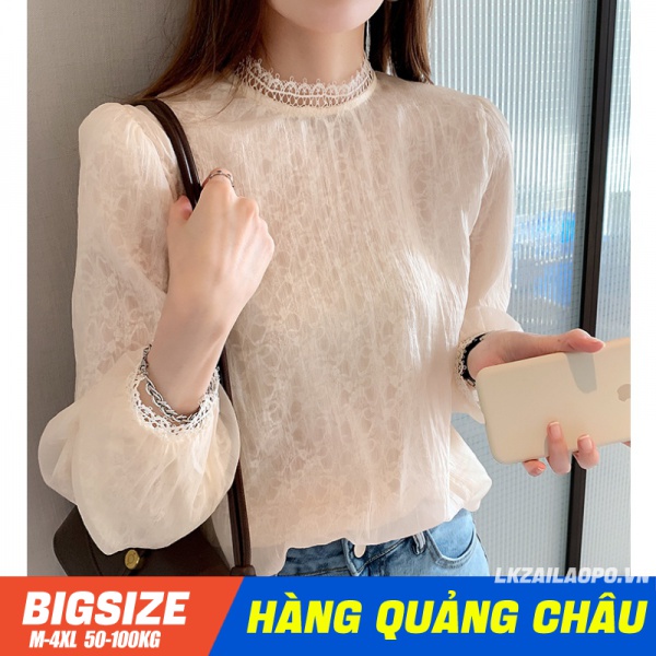 Áo Sơ Mi nữ Bigsize Áo kiểu Tay Dài Phối Ren Theo mùa xuân Phong Cách vintage Hàn Quốc Thời Trang cá tính xinh đẹp cho người mập béo 45-100kg quảng châu cao cấp