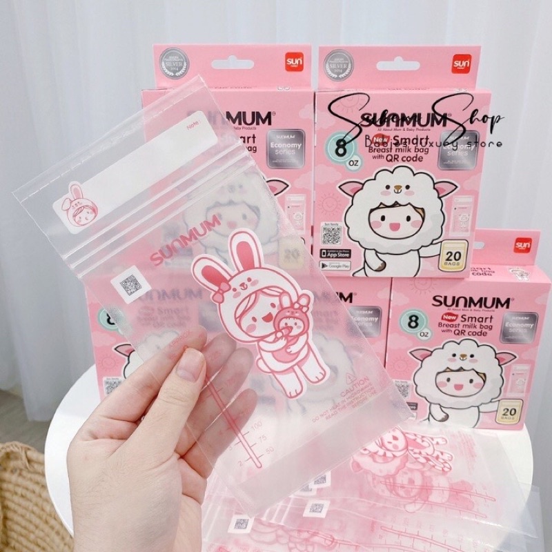 Hộp 30 Túi Trữ Sữa Sunmum 100ml Thương Hiệu Thái Lan Màu Hồng, 3 Khoá Zip, Vạch Chia Đựng Tối Đa 150ml