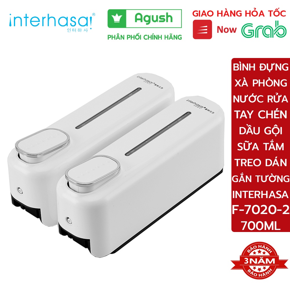 Bình đựng nước rửa tay xà phòng sữa tắm dầu gội INTERHASA F7020-2 trắng lọ 700ml nhựa đồ treo gắn dán tường không khoan