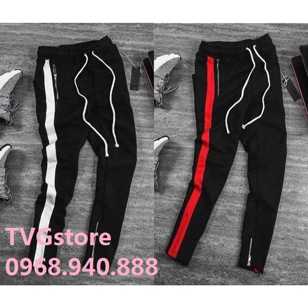 { Ảnh thật + Hàng sẵn } Quần Track Pants 1 sọc Zip dây Drawstrings - Quần nỉ thun khóa Zip line trắng line đỏ