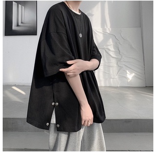 Áo thun tay lỡ YAYSHOP form unisex nam nữ form rộng vải cotton mềm mịn NÚT BẤM xẻ tà