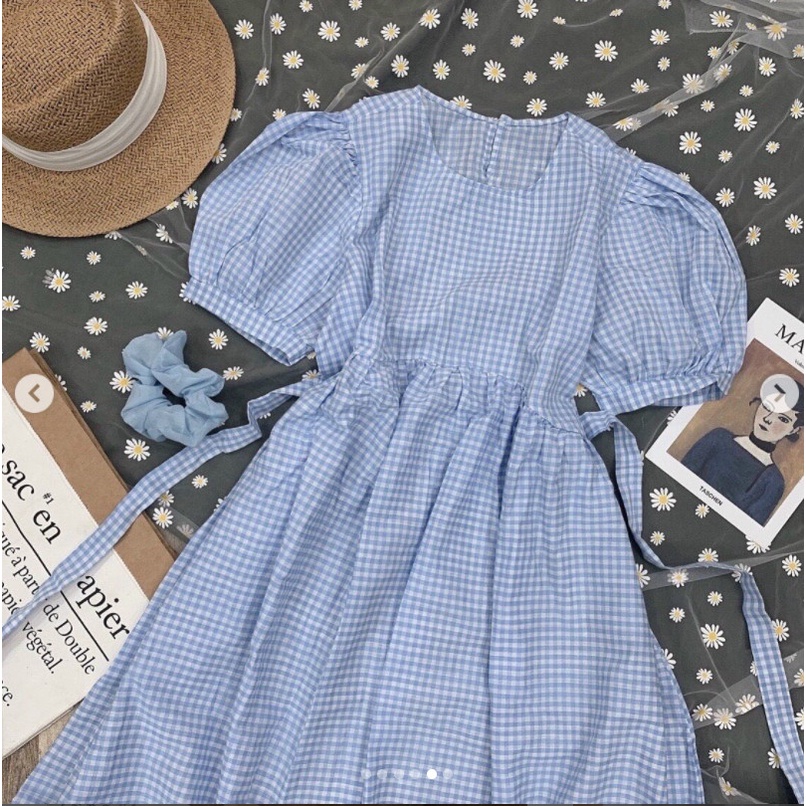 Váy babydoll dáng dài tay phồng, đầm babydoll kẻ caro tay bồng ulzzang Hàn Quốc