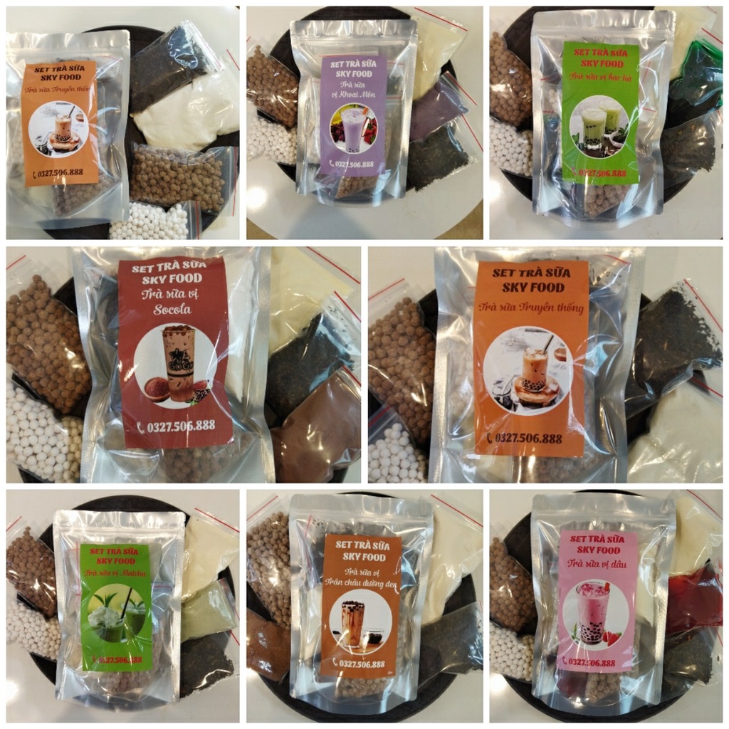 Set nguyên liệu nấu trà sữa các vị truyền thống: hồng trà sữa, trà sữa hương lài, trà sữa olong tầm 1 lít