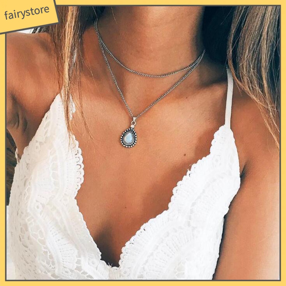 Dây chuyền thời trang hai lớp mặt đá opal hình giọt nước phong cách cổ điển sang trọng