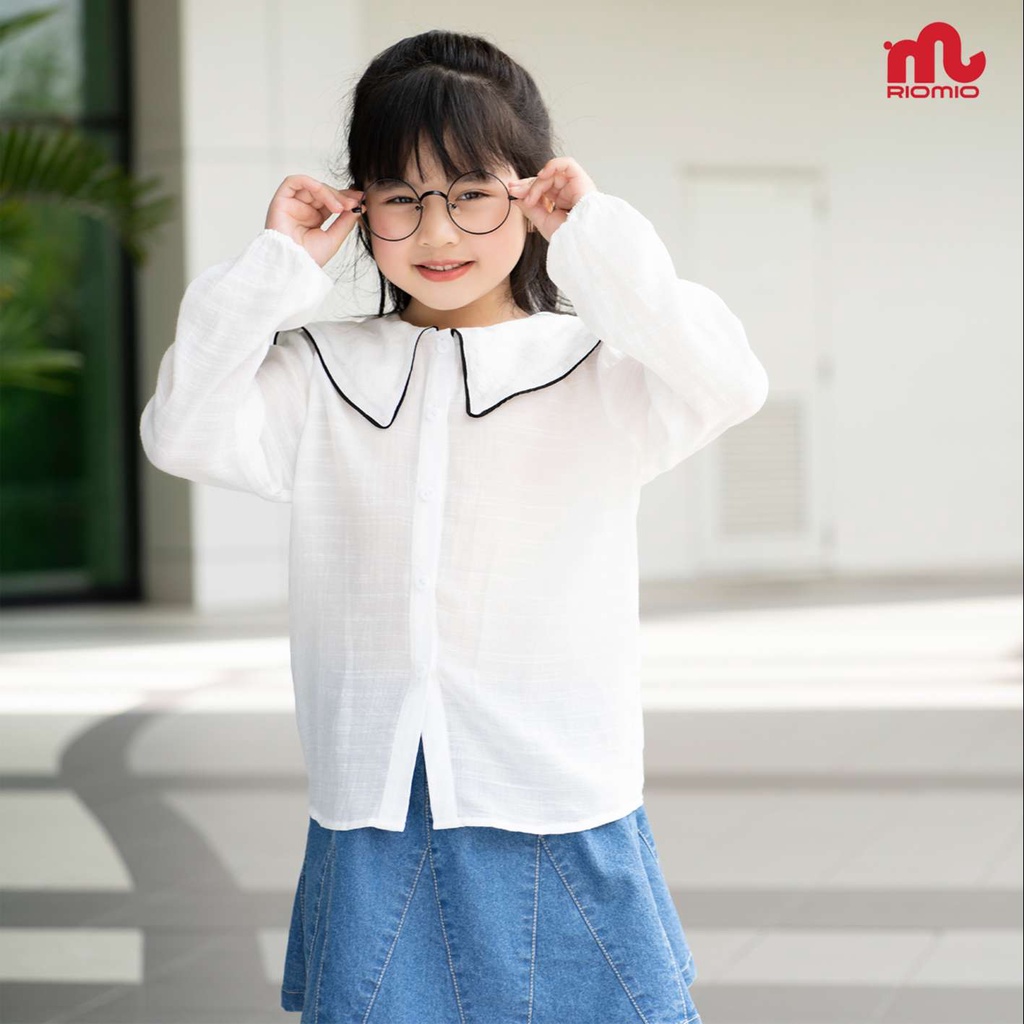 Áo sơ mi cho bé gái 5-12 tuổi size 20-50kg RIOMIO dài tay cổ bèo đồng phục đi học đi chơi chất đũi mềm mát - RA283
