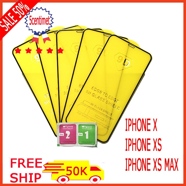 Kính cường lực IPHONE X,XS ,XS MAX  full màn hình (tặng kèm giấy lau kính khô và ướt ) 5centimet