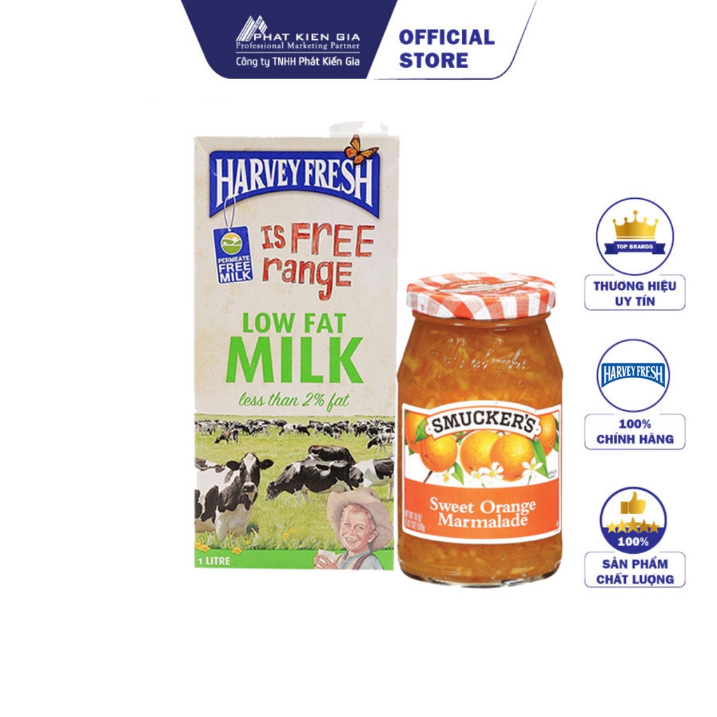 COMBO 1 Hộp Sữa Tươi Tiệt Trùng Ít Béo Harvey Fresh 1L + 1 Hộp Mứt Cam Ngọt Smucker's 340g