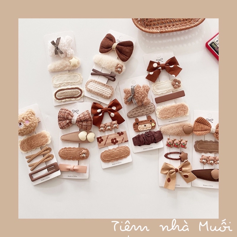 Set 4 kẹp tóc tone nâu/be/trà sữa siêu cute phong cách Hàn Quốc cho bé gái