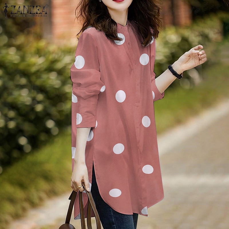 Áo sơ mi ZANZEA tay dài cổ tròn họa tiết chấm bi thiết kế thời trang dành cho nữ