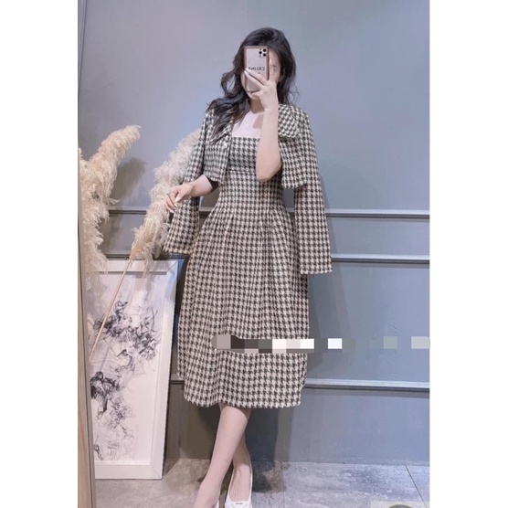 Bộ Váy Dạ Kèm Áo Khoác Croptop Caro, Set Váy Dạ Kèm Khoác Blazer Họa Tiết Caro / Size S-M / Cáo Hồng Shop | BigBuy360 - bigbuy360.vn