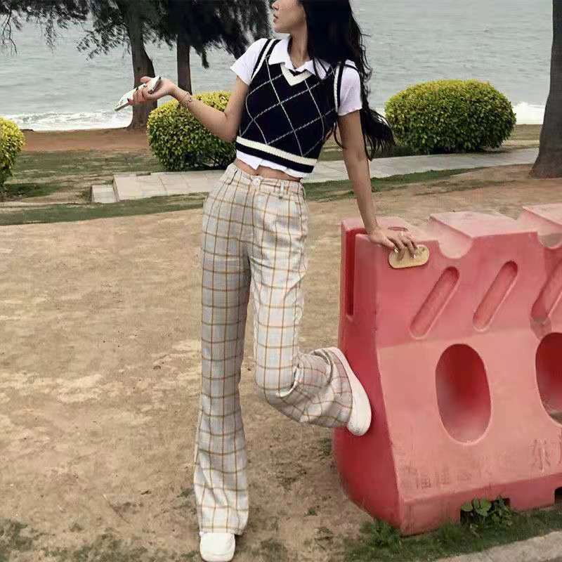 Áo len không tay cổ chữ V họa tiết sọc caro thời trang cho nữ | BigBuy360 - bigbuy360.vn