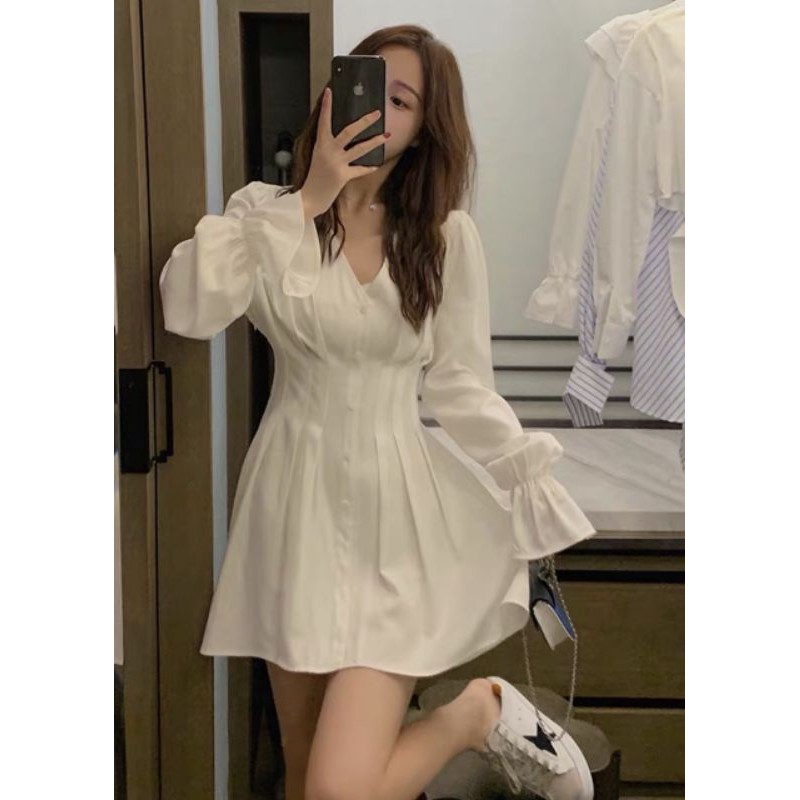 ] 🔥Đầm trắng xòe eo xếp li tay dài ulzzang cực phẩm | BigBuy360 - bigbuy360.vn