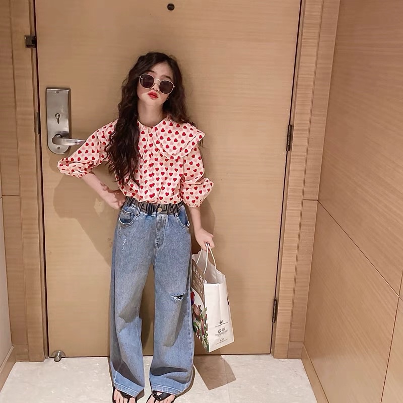 Áo sơ mi bé gái Áo kiểu bé gái cổ tròn hình trái tim size đại