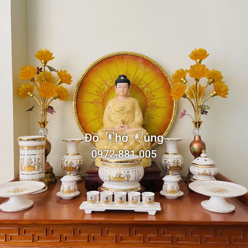 Bộ bát hương thờ phật men trắng chữ vàng kim cao cấp