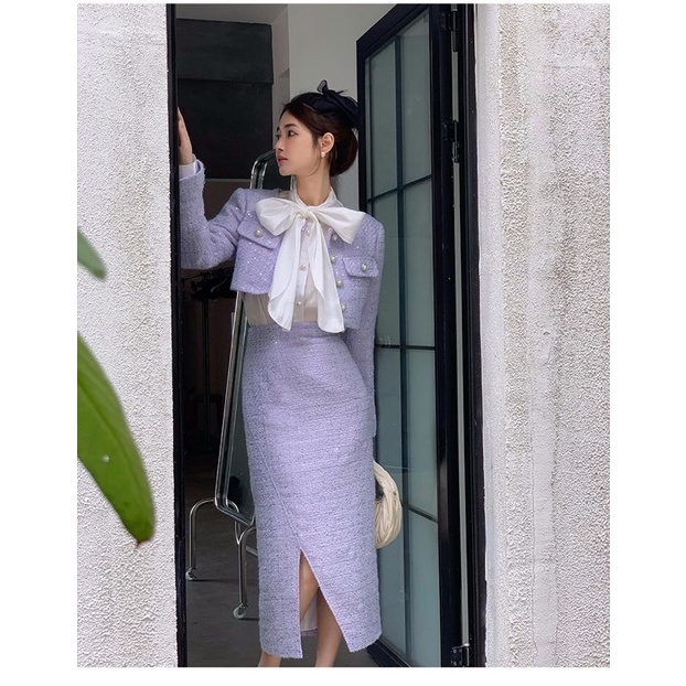 [Order] VIDEO Set 3 món dạ tweed dáng dài phối áo sơ mi