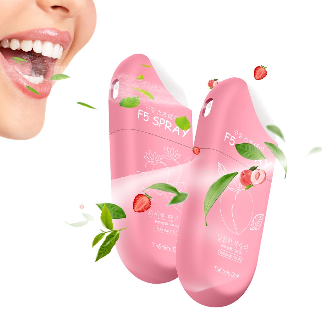 Xịt thơm miệng, giảm mùi hôi, ngừa sâu răng hương vị đào, dâu, bạc hà F5 spray greelux