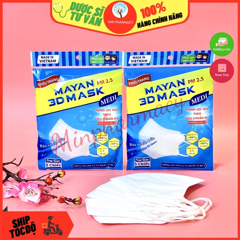 Khẩu Trang MAYAN 3D Mask PM 2.5 MEDI màu trắng (túi 5 cái) - Minpharmacy