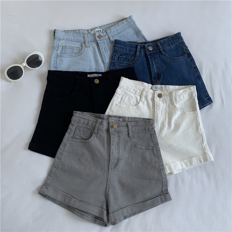 NUZIRO  Quần short denim  lưng cao ống rộng phong cách Hàn Quốc