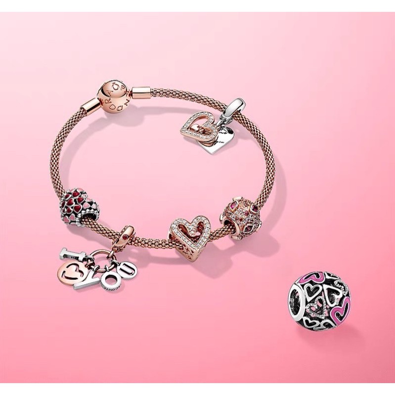 charm pan xỏ ngang tim phối hồng trắng bạc s925