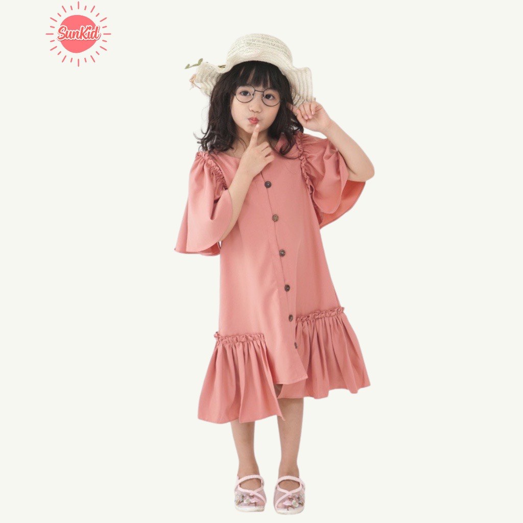 Váy đầm bé gái mùa hè xòe cách điệu hè đính cúc vải trượt nhật cao cấp Jumping KC màu đỏ,hồng size trẻ em 4-12