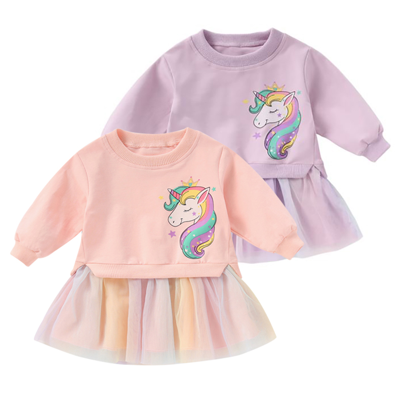 Đầm công chúa cotton dài tay hoạ tiết hoạt hình dễ thương cho bé gái