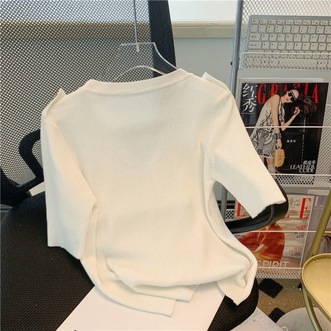 Áo Thun Dệt Kim Mỏng Tay Ngắn Màu Trắng Thiết Kế Rỗng Thời Trang Mùa Hè Mới Cho Nữ