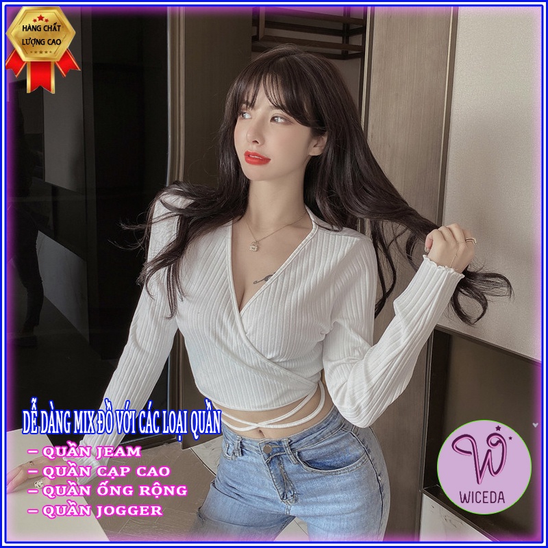 Áo croptop dài tay ôm body dây quấn eo xinh , áo kiểu crt chất len cotton 2 màu đen trắng Wiceda AD366