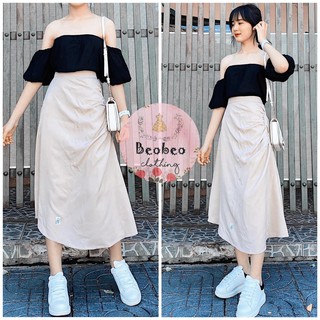 [Ảnh thật] Set áo bẹt vai tay phồng kèm chân váy midi túi nhúng vintage