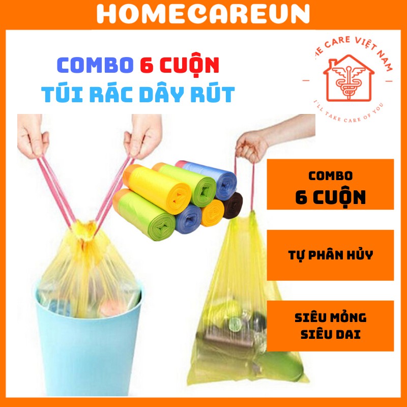 Combo 6 cuộn túi rác sinh học dây rút nội địa Trung