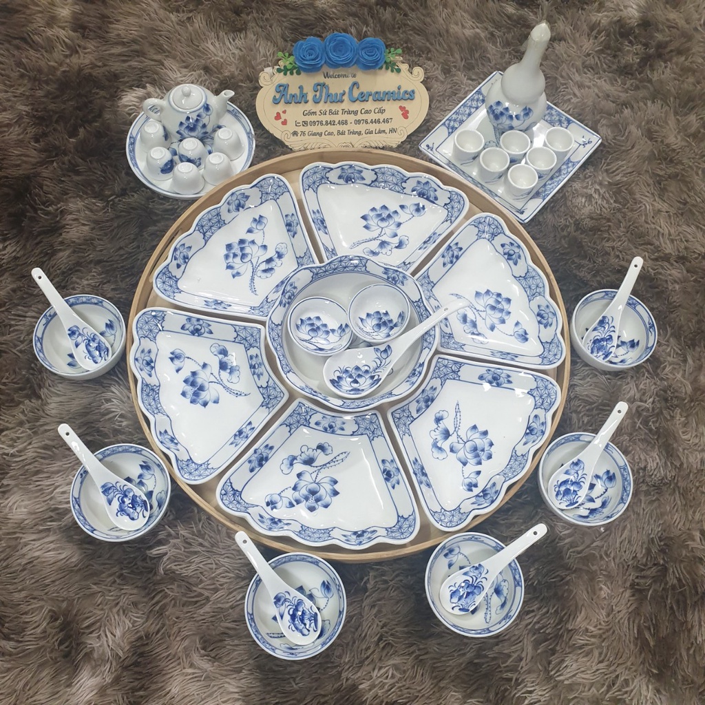 Bộ bát đĩa hoa mặt trời men gốm vẽ hoa sen cành viền tranh Bát Trànghàng chuẩn loại 1 decor bàn ăn dễ thương