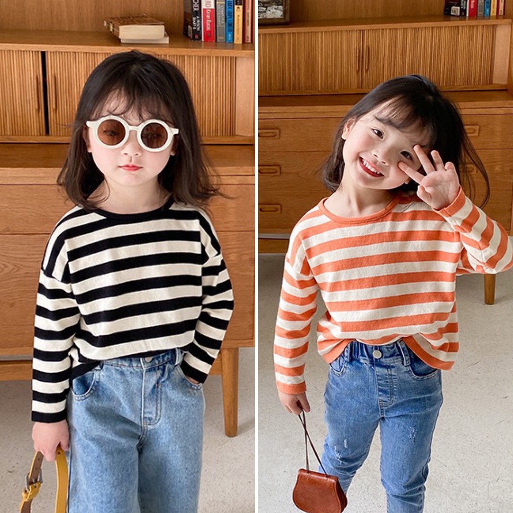Áo bé gái sọc vai thấp sz 80-140, áo cho bé dài tay, chất len mongtoghi mỏng