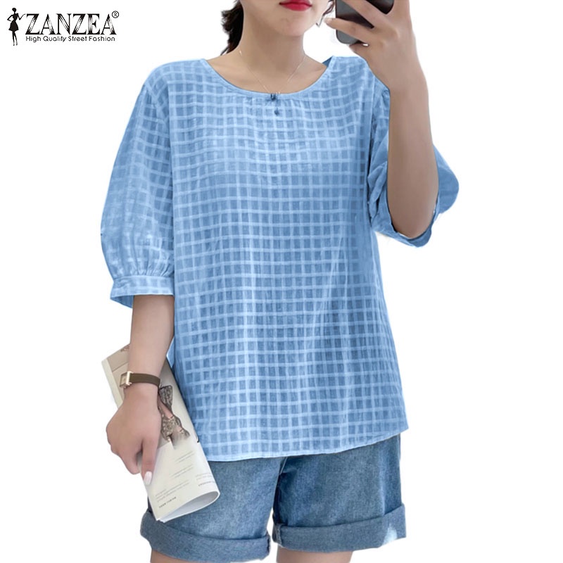 Zanzea Áo Tay Phồng Cổ Tròn Họa Tiết Kẻ Sọc Dáng Rộng Thời Trang Dành Cho Nữ