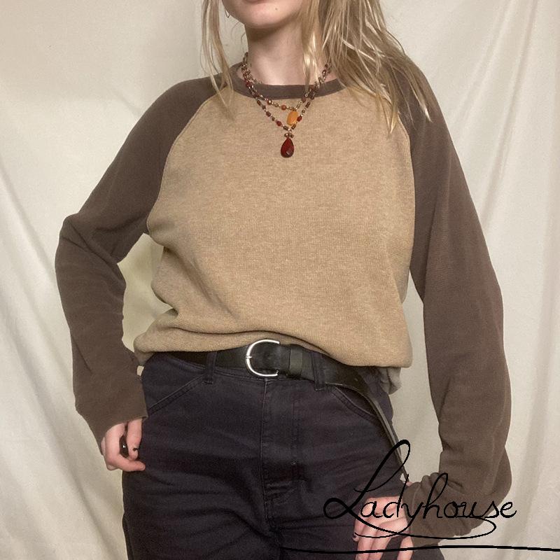 Áo Thun Raglan Tay Dài Cổ Tròn Màu Sắc Tương Phản Thời Trang Cho Nữ