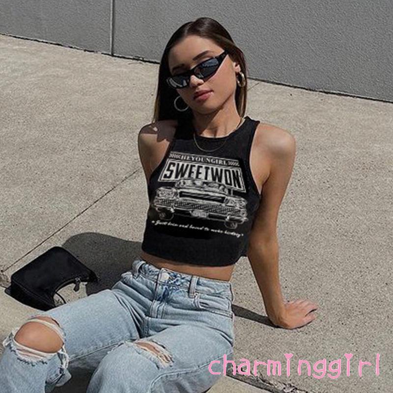 Áo Lửng Sát Nách Cổ Tròn In Chữ Thời Trang Dành Cho Nữ