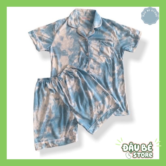 Bộ Ngủ Pyjama Tie Dye Ulzzang Cute Form Rộng - Pijama Hè Bộ Mặc Nhà Ngắn Tay Màu Loang Xanh Hot Trend - Daube - S010