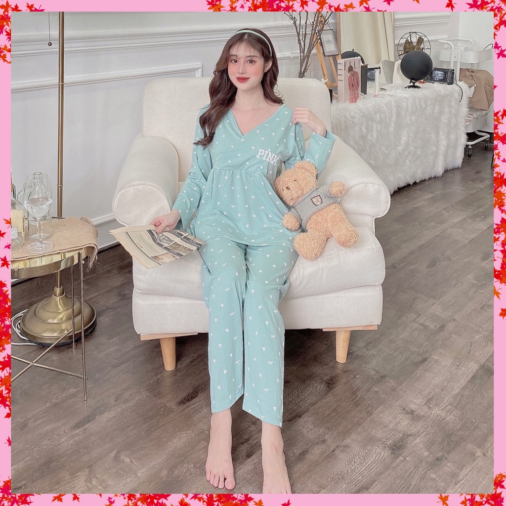 Bộ bầu - bộ sau sinh mặc nhà - cho con bú - 2 chức năng - chất liệu cotton ( Fink chéo - Dài )