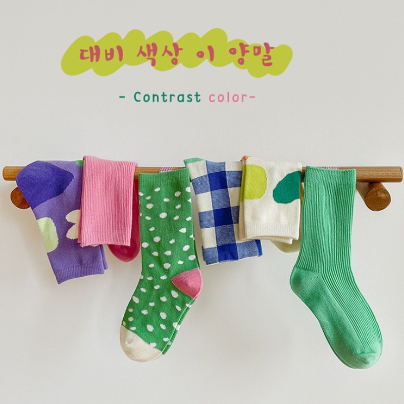 Set 3 đôi tất KokoroCare MS-38 từ cotton xanh dương kẻ caro ống cao trung bình xuân hè 2022 S/M/L cho bé 1-8 tuổi