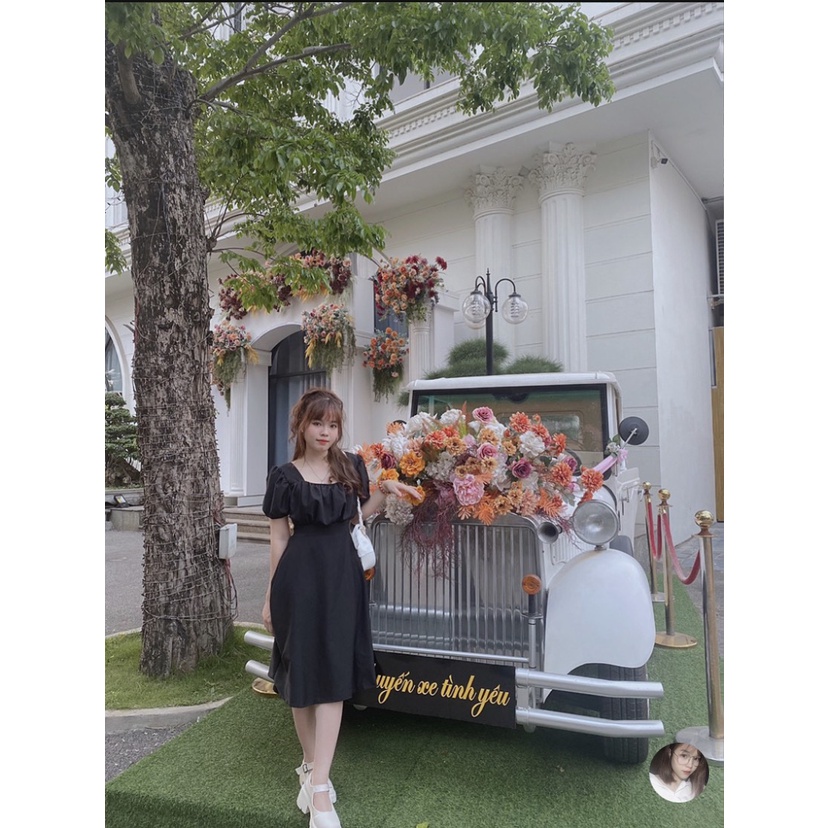 Đầm nữ dáng xòe cổ vuông phối nơ sau lưng