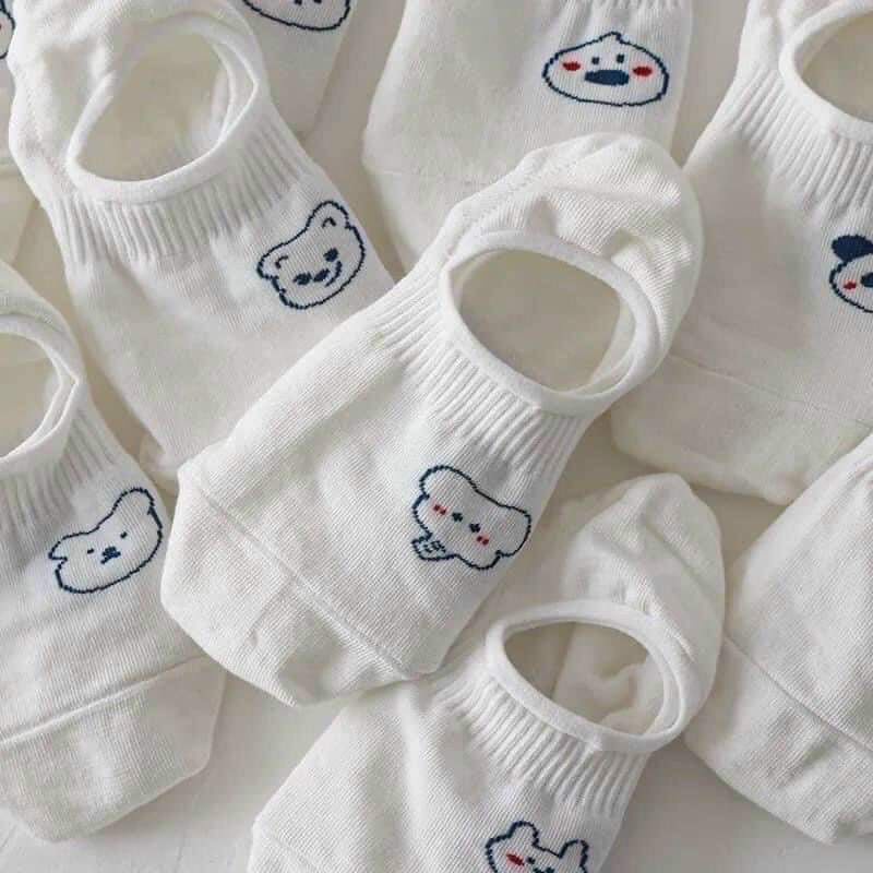 Combo 5 Đôi Tất Cổ Ngắn,Tất Lười Nữ Màu Trắng Họa Tiết Hình Thú Siêu Dễ Thương Phong Cách Hàn