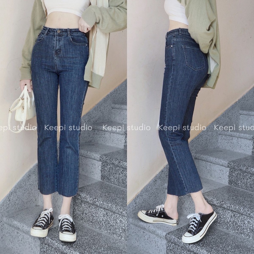 Quần Ống Đứng Cắt Gấu Xanh Đậm KEEPI Quần Jeans Nữ Lưng Cao